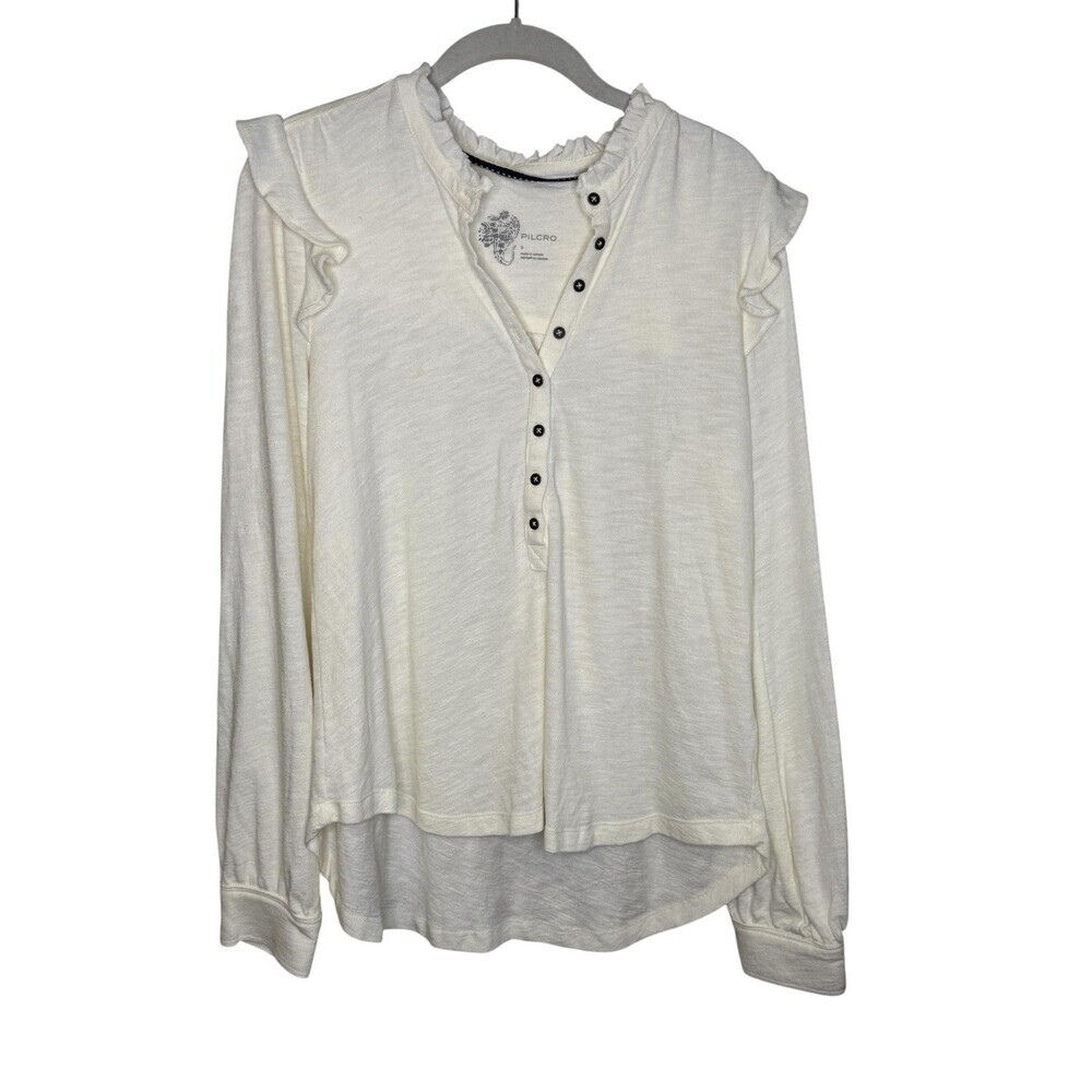 Pilcro Shirt Womens Small White Ruffle Henley Long Sleeve Jersey Tee Top - Picture 2 of 8